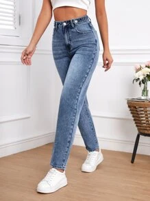 SHEIN Tall 高腰牛仔褲 - 中等水洗藍 - 查看 4