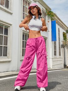 SHEIN Coolane Drawstring Waist Flap Pocket Parachute Cargo Trousers - Pink - View 2