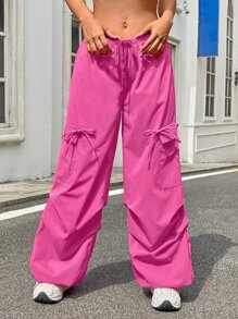 SHEIN Coolane Drawstring Waist Flap Pocket Parachute Cargo Trousers - Pink - View 4