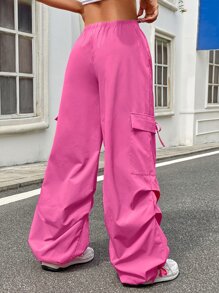 SHEIN Coolane Drawstring Waist Flap Pocket Parachute Cargo Trousers - Pink - View 6