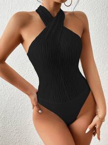 Chiquease 交叉繞頸緊身連體衣 - 黑色 - 查看 4