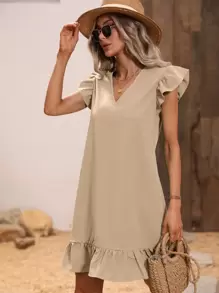 Breezaya Butterfly Sleeve Ruffle Hem Smock Dress - Apricot - View 6