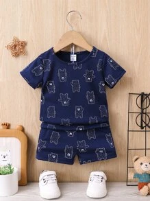 Đứa bé trai Đồ họa Hoạt hình Áo thun & quần đùi - Màu xanh hải quân - Xem 1