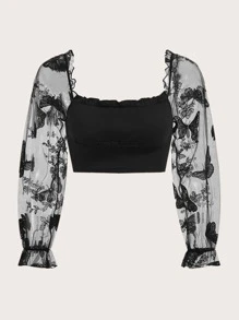 SHEIN Tween Girl Butterfly Embroidery Mesh Flounce Sleeve Blouse - Black - View 1