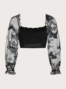 SHEIN Tween Girl Butterfly Embroidery Mesh Flounce Sleeve Blouse - Black - View 2