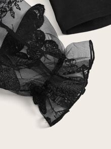 SHEIN Tween Girl Butterfly Embroidery Mesh Flounce Sleeve Blouse - Black - View 4