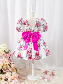 SHEIN Girls Floral Print Bow Back Puff Sleeve Dress - Multicolor - View 5