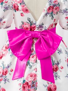 SHEIN Girls Floral Print Bow Back Puff Sleeve Dress - Multicolor - View 3