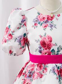 SHEIN Girls Floral Print Bow Back Puff Sleeve Dress - Multicolor - View 4