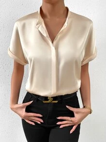 RosyDaze Solid Batwing Sleeve Satin Shirt