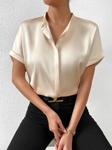 RosyDaze Solid Batwing Sleeve Satin Shirt
