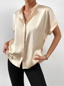 RosyDaze Solid Batwing Sleeve Satin Shirt