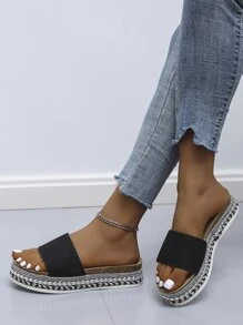 Frauen Nieten Dekor, Einzelband, Sandalen, Urlaub Schwarz Einfarbig Gewebe Sandalen mit Keilabsatz - Schwarz - Übersicht 3