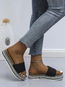 Frauen Nieten Dekor, Einzelband, Sandalen, Urlaub Schwarz Einfarbig Gewebe Sandalen mit Keilabsatz - Schwarz - Übersicht 4