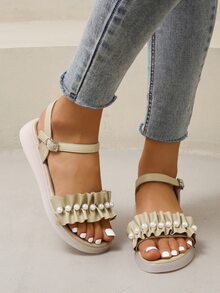 女士荷葉邊和人造珍珠裝飾平底時尚戶外踝帶涼鞋