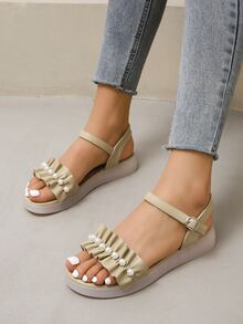 女士荷葉邊和人造珍珠裝飾平底時尚戶外踝帶涼鞋