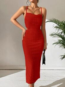 SHEIN Privé Vestido de tirantes bajo con abertura de espalda abierta con cordón - Rojo - Ver 3