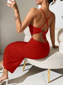 SHEIN Privé Vestido de tirantes bajo con abertura de espalda abierta con cordón - Rojo - Ver 4