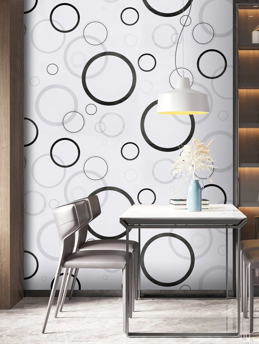 1 pieza Rollo adhesivo de pared PVC con patrón geométrico para casa - Blanco y Negro - Ver 1