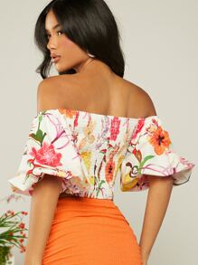 SHEIN VCAY 印花一字肩泡泡袖短款上衣 - 彩色 - 查看 2