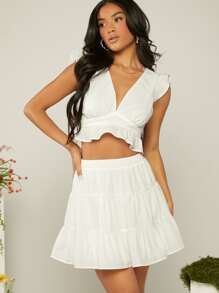 SHEIN VCAY Tie Backless Ruffle Trim Crop Top & Skirt - White - View 1