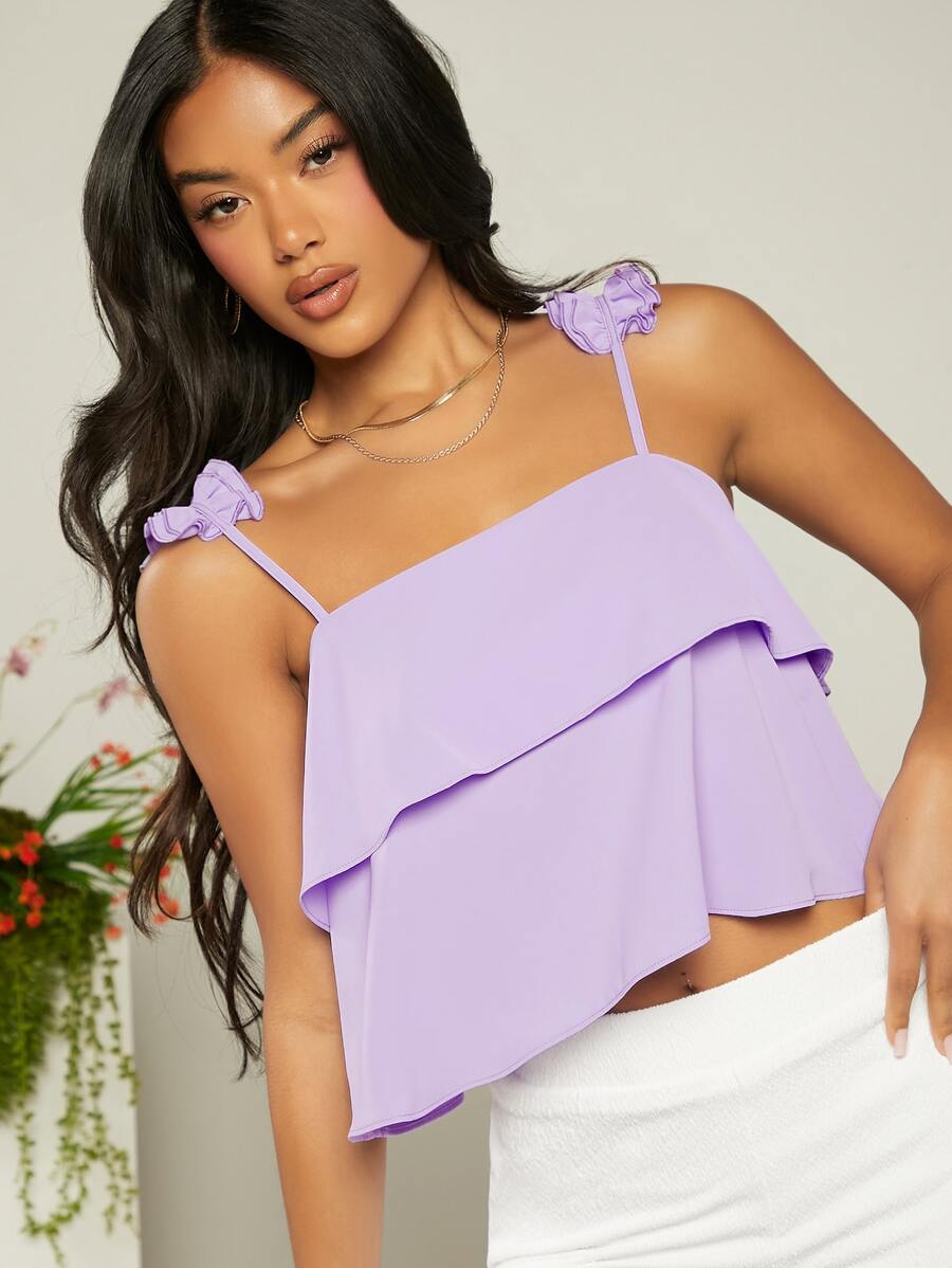 Soleia Áo hai dây viền lá sen Viên lá sen phân lớp màu trơn Giải trí - Màu Lilac Tím - Xem 1