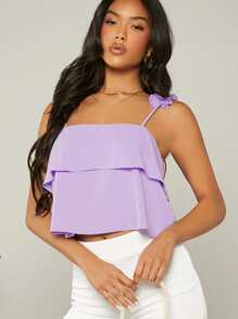 Soleia Áo hai dây viền lá sen Viên lá sen phân lớp màu trơn Giải trí - Màu Lilac Tím - Xem 3