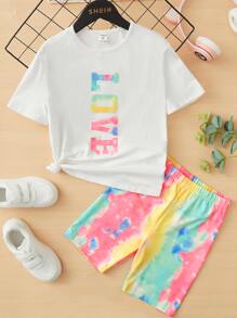 SHEIN 青少年女孩字母圖形t恤和水洗印花休閒短褲 - 彩色 - 查看 1