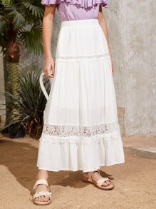 SHEIN Chicas Falda con encaje bajo con fruncido - Blanco - Ver 1