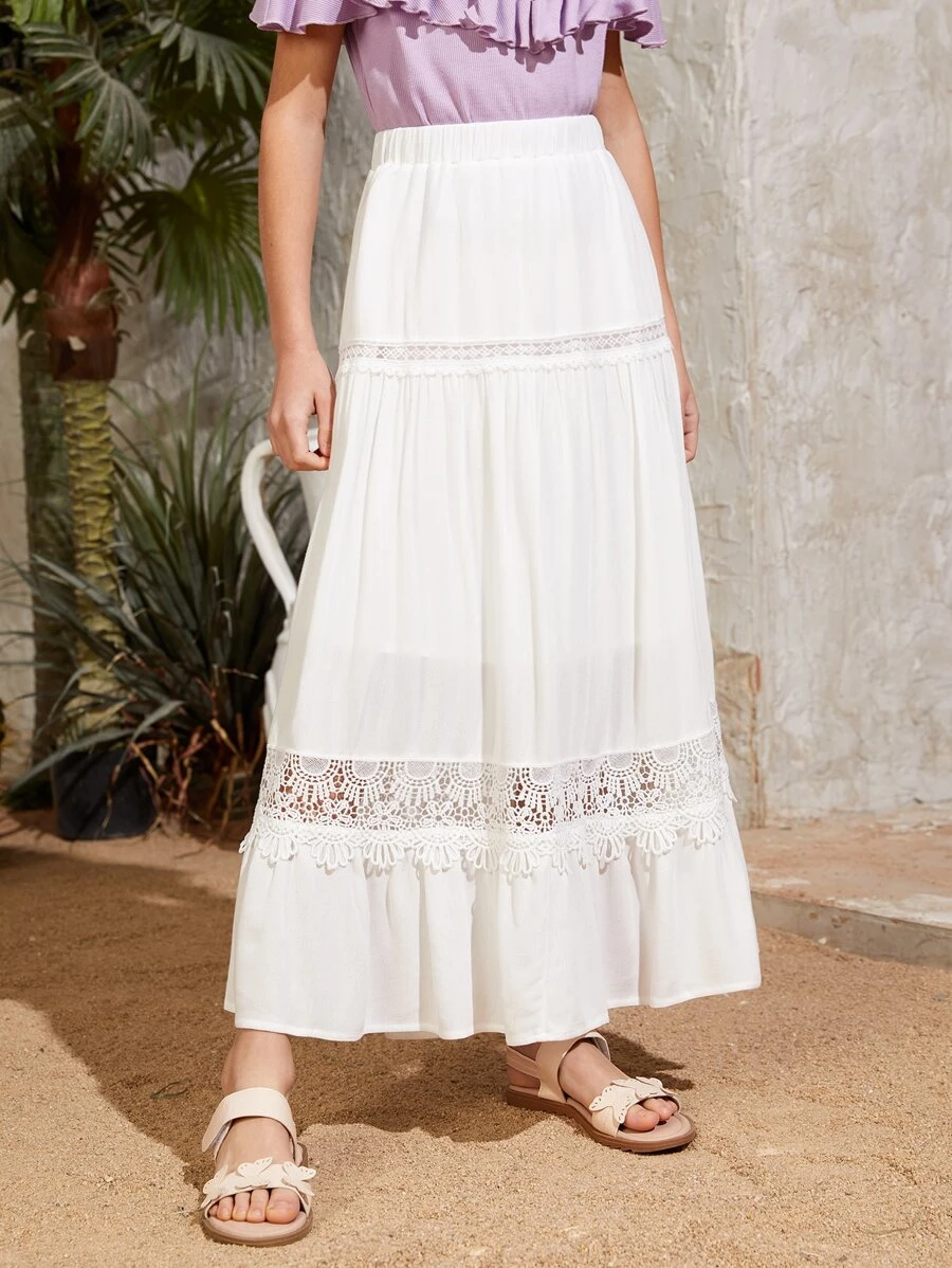 SHEIN Chicas Falda con encaje bajo con fruncido - Blanco - Ver 1