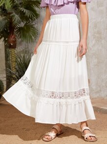 SHEIN Chicas Falda con encaje bajo con fruncido - Blanco - Ver 3