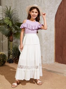 SHEIN Chicas Falda con encaje bajo con fruncido - Blanco - Ver 5