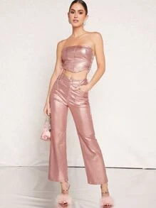 SHEIN BAE 高腰直筒PU皮革長褲 - 藕粉色 - 查看 5