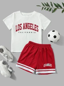 SHEIN Young Boy Letter Graphic Tee & Striped Trim Shorts - Red - View 1