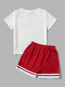 SHEIN Young Boy Letter Graphic Tee & Striped Trim Shorts - Red - View 2