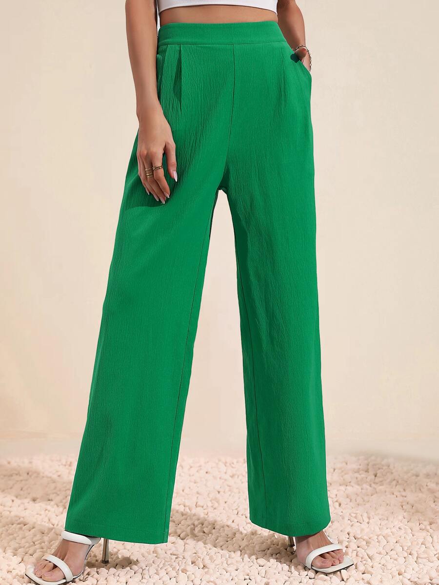 SHEIN Essnce High Waist Slant Pocket Straight Leg Trousers - Green - View 1
