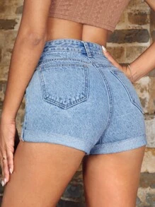 SHEIN Essnce 破洞卷邊牛仔短褲 - 淺色水洗藍 - 查看 2