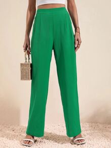 SHEIN Essnce High Waist Slant Pocket Straight Leg Trousers - Green - View 3