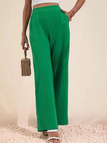 SHEIN Essnce High Waist Slant Pocket Straight Leg Trousers - Green - View 4