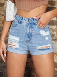 SHEIN Essnce 破洞卷邊牛仔短褲 - 淺色水洗藍 - 查看 3