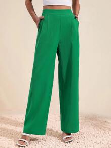 SHEIN Essnce High Waist Slant Pocket Straight Leg Trousers - Green - View 5
