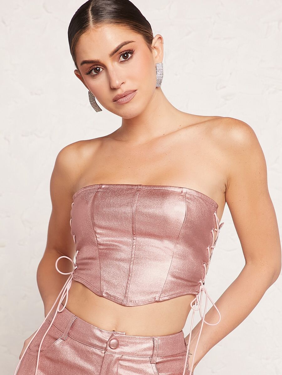 SHEIN BAE Áo nữ Bất đối xứng Ren lên màu trơn Buổi tiệc - Bụi hồng - Xem 1