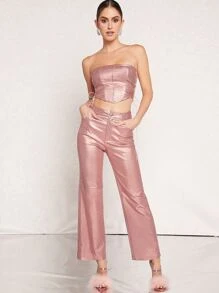 SHEIN BAE Áo nữ Bất đối xứng Ren lên màu trơn Buổi tiệc - Bụi hồng - Xem 5