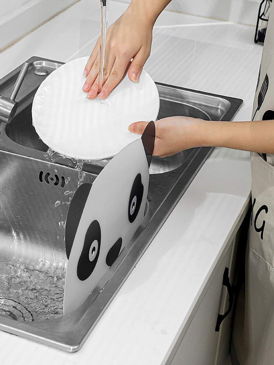 1pc Aluminum Splash Guard, Cartoon Panda Pattern Sink Board Protector With Attached Sucker For Bathroom & Kitchen - Black and White - View 1
