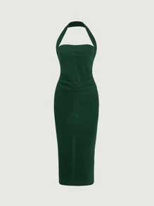 Firerie Vestido ajustado unicolor de cuello halter de espalda abierta - Verde Oscuro - Ver 2
