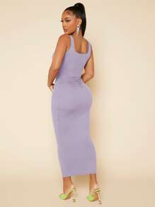 SHEIN SXY Falda de lápiz unicolor de cintura con fruncido tejido de canalé - Lila Púrpura - Ver 2