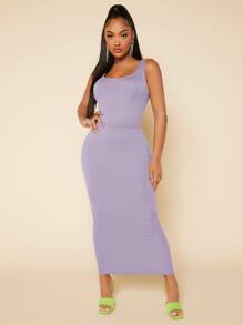 SHEIN SXY Falda de lápiz unicolor de cintura con fruncido tejido de canalé - Lila Púrpura - Ver 3