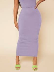 SHEIN SXY Falda de lápiz unicolor de cintura con fruncido tejido de canalé - Lila Púrpura - Ver 4