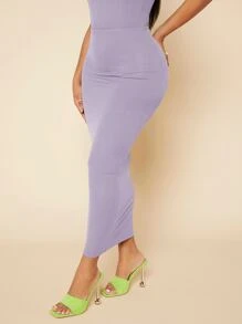 SHEIN SXY Falda de lápiz unicolor de cintura con fruncido tejido de canalé - Lila Púrpura - Ver 5