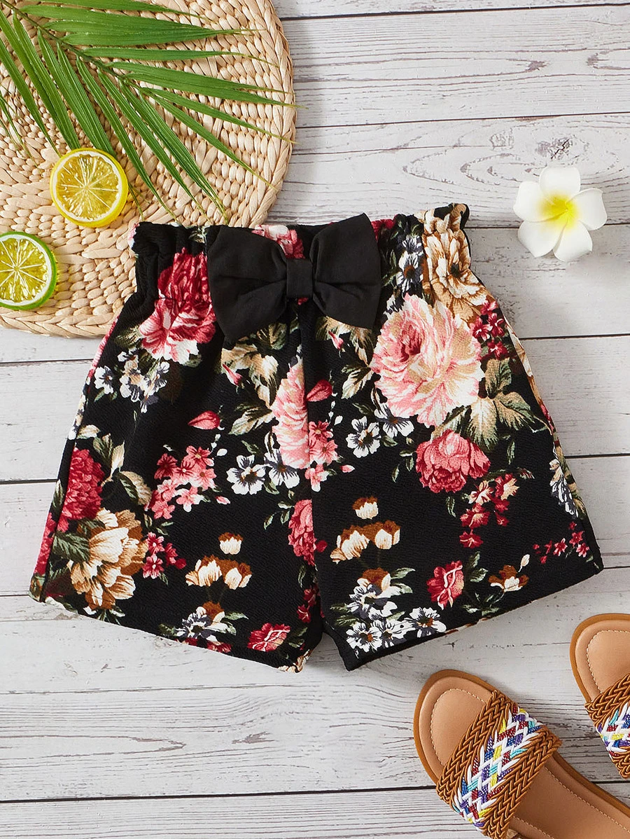 SHEIN 女童彩色碎花休闲短裤 - 黑色 - 查看 1